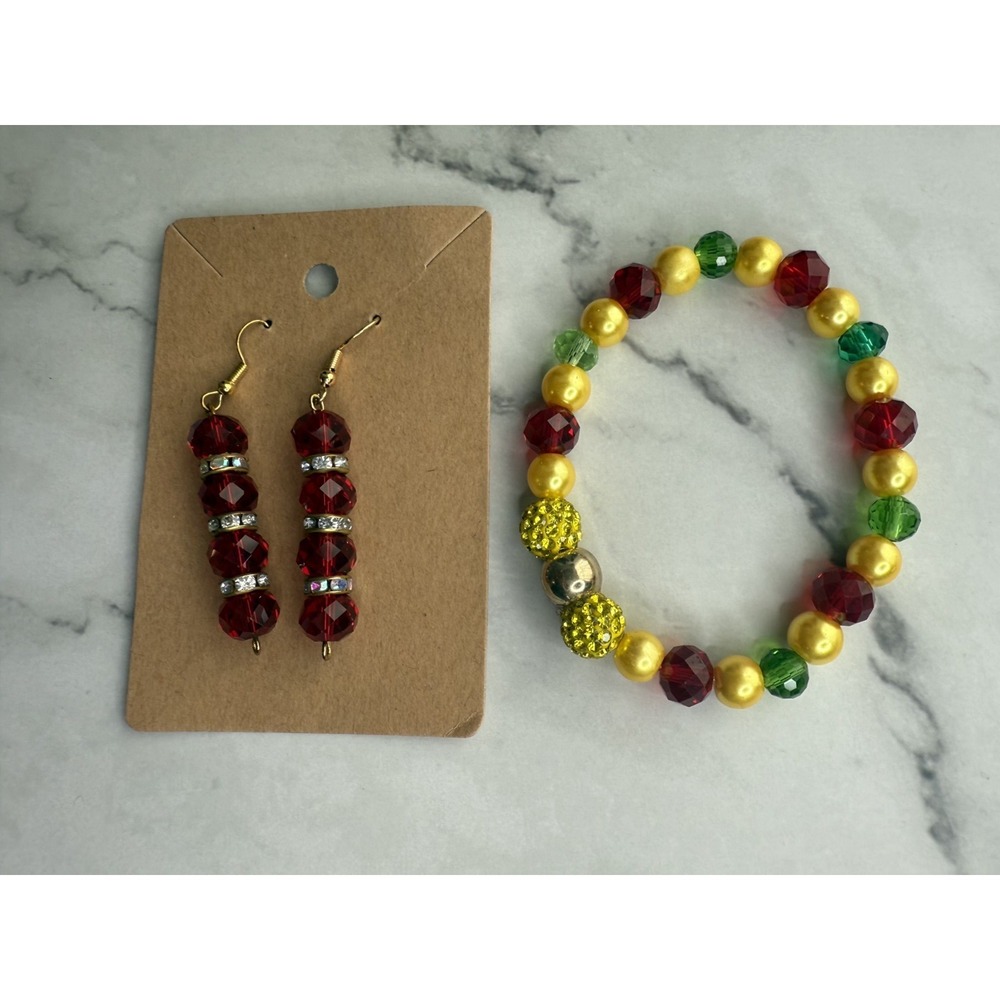 handmade beaded dangle earrings and bracelet set‎ red, yellow and green beads